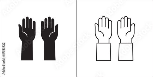 Praying hand icon. Two hands receiving sign. Hand facing up symbol. Vector stock illustration in flat and outline design style. Symbol of pray, ask for help, donation, begging.