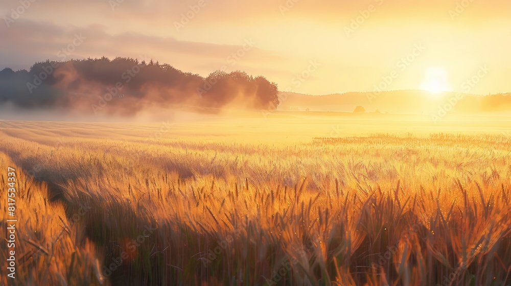 Wheat fields at sunrise with soft light illuminating the golden crops and a misty horizon in the background Generative AI Wheat fields at sunrise with soft light illuminating the golden crops and a misty horizon in the background Generative AI