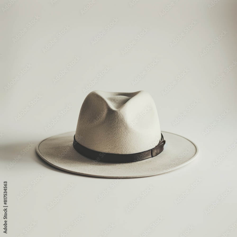 Beige fedora hat with a black band resting on a beige background, highlighted by gentle soft lighting
