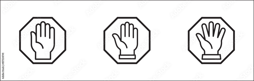 Hands icon set. Hand stop signs. Palm hand inside polygon sign. Raise hand sign. Hands gesture symbol. Vector graphic design illustration isolated in white background. Hands icon set. Hand stop signs. Palm hand inside polygon sign. Raise hand sign. Hands gesture symbol. Vector graphic design illustration isolated in white background.