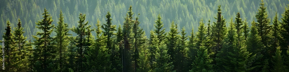 Healthy green trees in a forest of old spruce, fir and pine