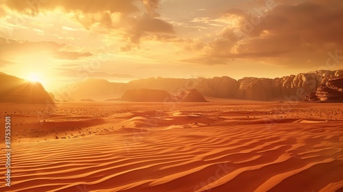 a beautiful sunset over a vast desert  with snow-capped mountains in the distance  casting a warm glow over the landscape The sky is painted in shades of orange and pink