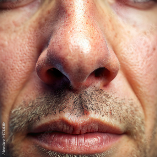 A close-up shot of a human nose, highlighting the nostrils and unique nasal features.