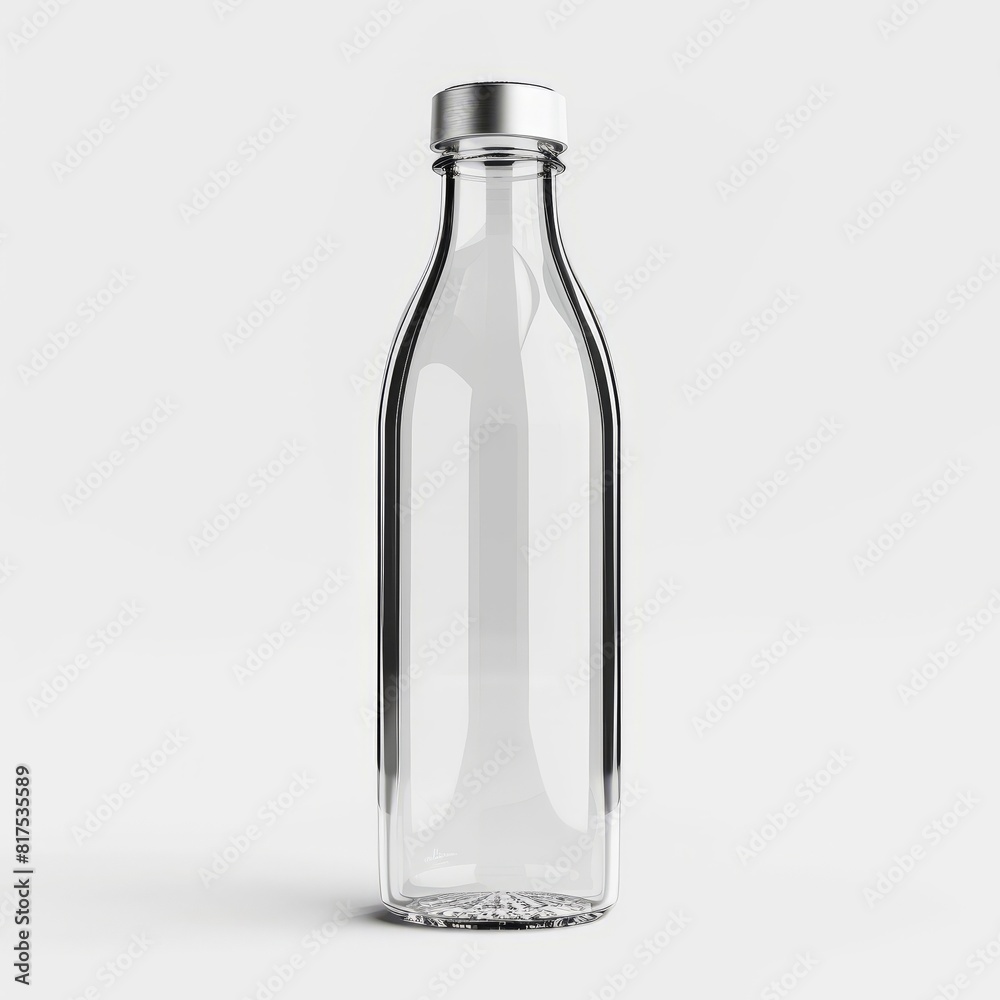Clear glass water bottle placed on a plain white background Clear glass water bottle placed on a plain white background
