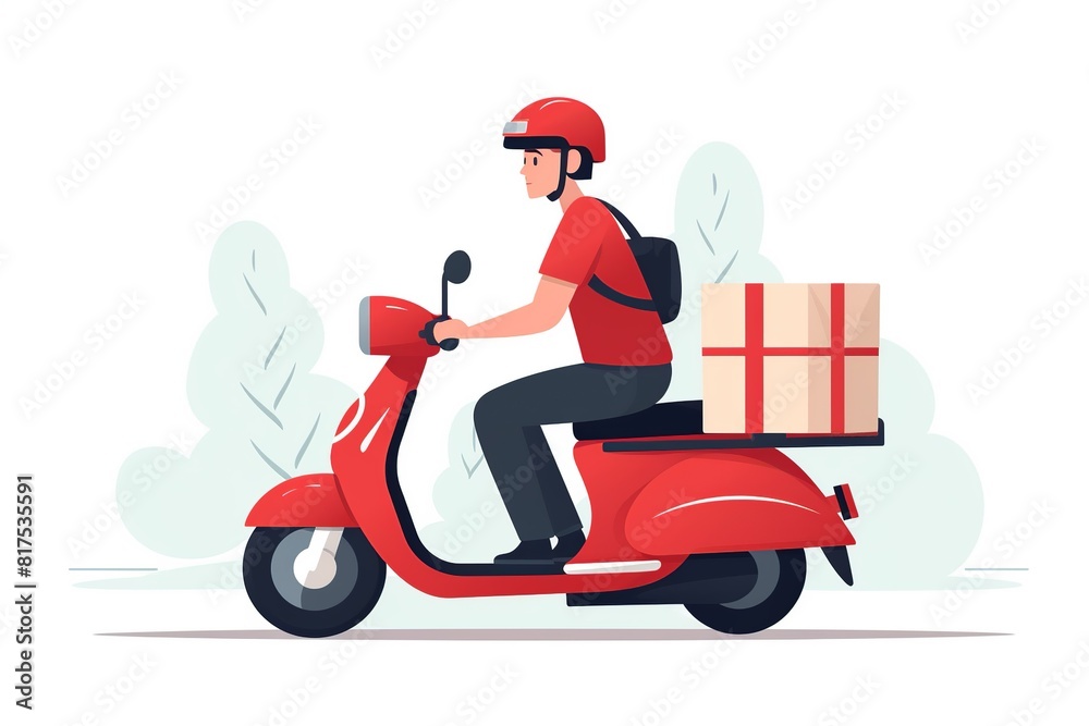 Delivery man riding red scooter with box. Flat cartoon illustration on white background Delivery man riding red scooter with box. Flat cartoon illustration on white background