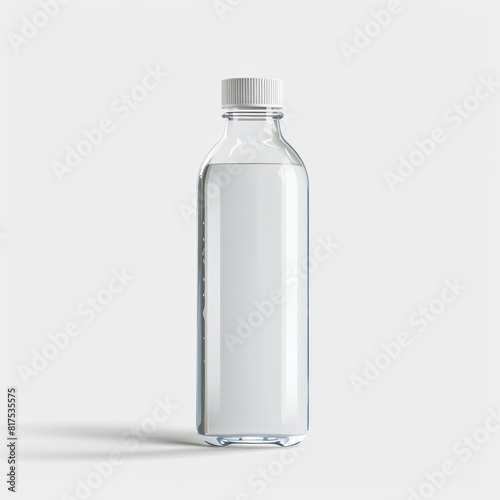 A clear plastic water bottle placed on a plain white background photo