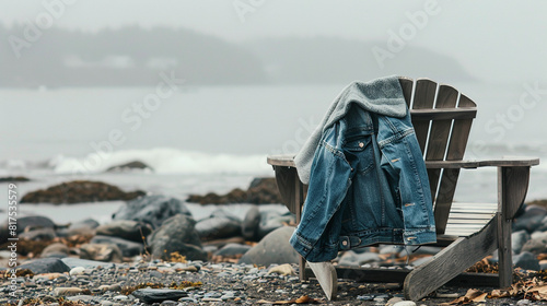 A rugged denim jacket with fleece lining, casually draped over the back of a wooden Adirondack chair on a rocky beach, blending classic Americana style with cozy comfort for coastal adventures.