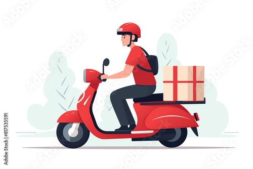 Delivery man riding red scooter with box. Flat cartoon illustration on white background