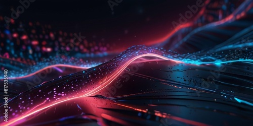 Dark background with bright blue neon lights and soft pink accents. Particles form dynamic waves  glowing with colorful energy.