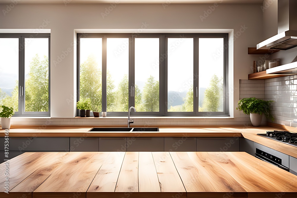 Fototapeta premium Empty, beautiful, authentic wooden tabletop, window-view sunlight, modern kitchen interior background, product montage ready, ai, generative