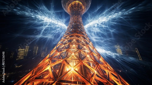 illustration of light painting bottom up angle view canton tower of, Generative ai photo