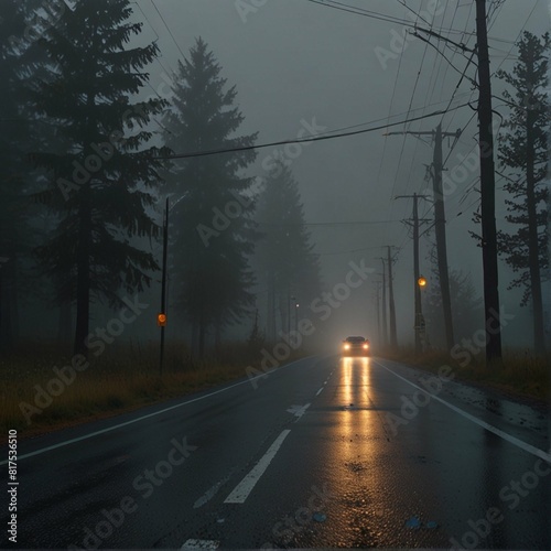 The lights from cars hit the fog in the lonely night.