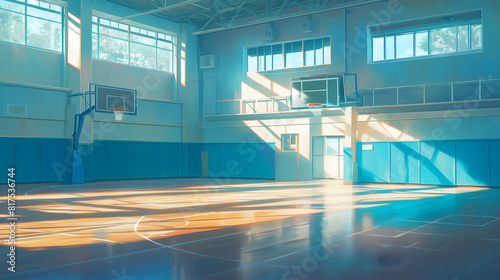 Scenery of empty school gyms and basketball goal, landscape illustrations