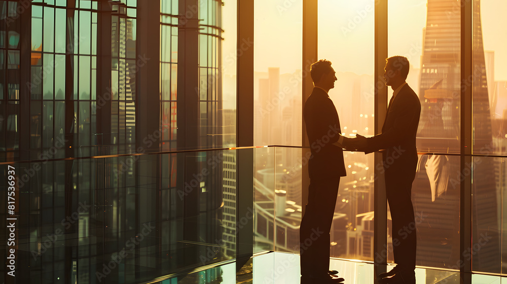 2 business men hand shaking in the background of skyscraper with sunset