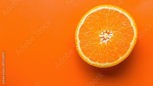 Orange fruit close-up on orange background, top view. Saturated orange color palette, complementary color scheme.