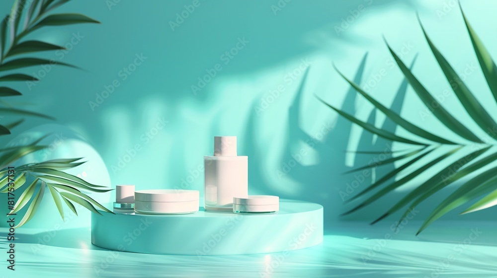 Minimalist cosmetic packaging mockup. Elegant skin care product presentation on turquoise background. Minimalist cosmetic packaging mockup. Elegant skin care product presentation on turquoise background.