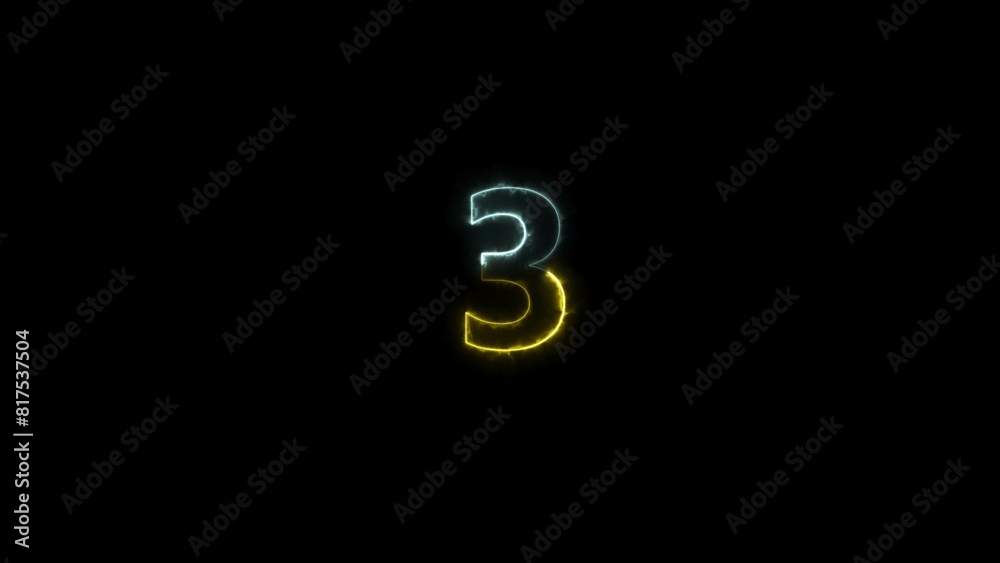 Abstract countdown three number, cyan and lime green color, neon light illustration. Black background UHD 4k illustration. Abstract countdown three number, cyan and lime green color, neon light illustration. Black background UHD 4k illustration.