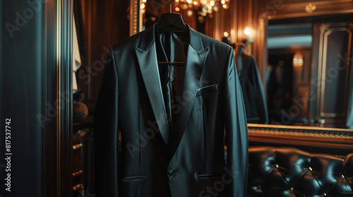 A sleek black tuxedo jacket with satin lapels, draped over the back of a velvet-upholstered chair in a dimly lit dressing room, ready for a formal evening event.