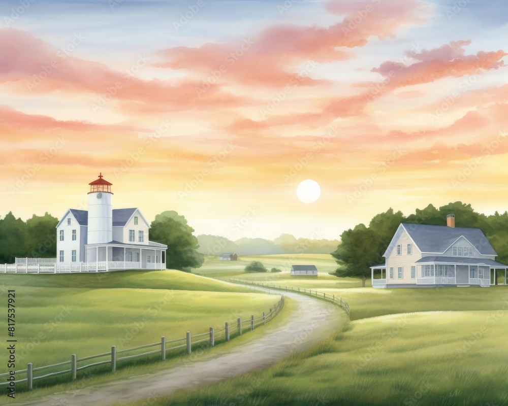Serene countryside scene at sunrise featuring a lighthouse and two country houses, with a winding dirt path and vibrant sky, watercolor painting scene