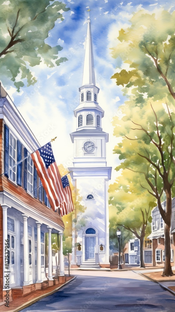 Fototapeta premium Watercolor scene of the Old North Church with a lantern signal glowing majestically in the backdrop, ideal for Independence Day