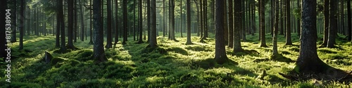 Healthy green trees in a forest of old spruce  fir and pine. landscape 