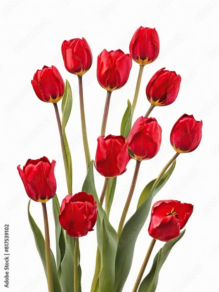 red tulips on white background, middle ground, vertical orientation red tulips on white background, middle ground, vertical orientation