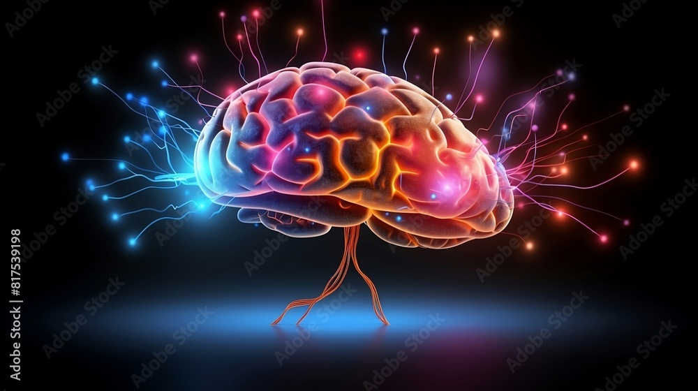 a colorful multicolor brain emitting illumination in a dark background. showing the power of the human brain