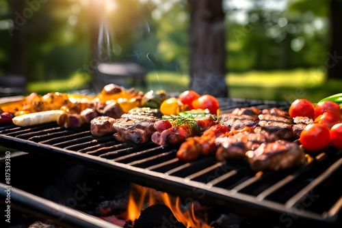 Barbecue with delicious grilled meat and vegetables on grill outdoors, closeup