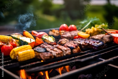 Barbecue with delicious grilled meat and vegetables on grill outdoors, closeup