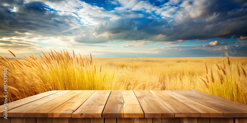 Empty wood table,Tall yellow wild grass against an isolated white sky