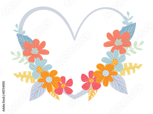 Heart shaped frame with flowers and leaves. Vector clip art illustration.