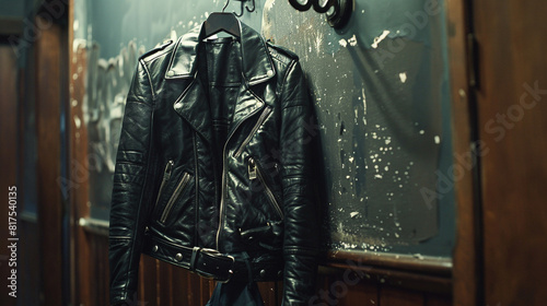 Biker jacket complete with zippered pockets and a belted waist, hanging on a metal coat hook in a dimly lit hallway, exuding cool confidence and rebellious charm.