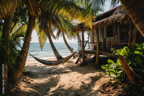 A  beach house with hammock  surrounded by palms  A charming and rustic beachside bungalow in the Caribbean  with a cozy and laid-back atmosphere  Ai generated