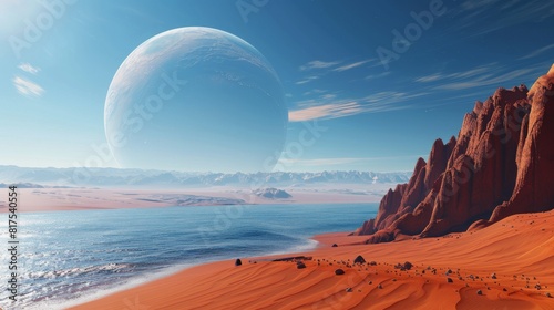 Futuristic alien landscape featuring a red desert, distant mountains, a large planet in the sky, and a serene ocean.