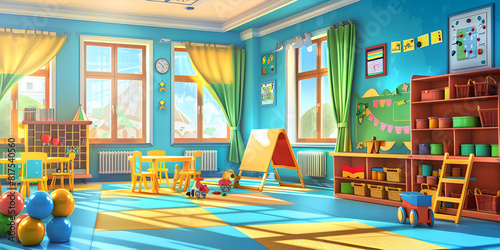  modern classroom with bright colors and toys. Modern wooden children bedroom with blue and pastel tones. Brightly colored playroom with a play house and a play table    