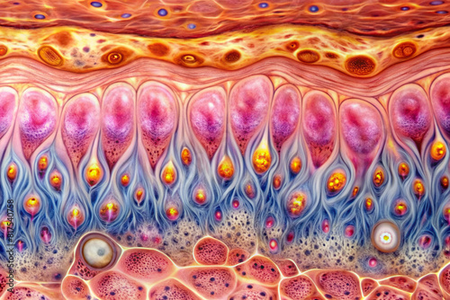 Extreme close-up of human epidermis showcasing keratinocytes and melanocytes, emphasizing skin organs photo