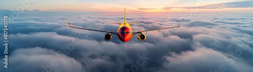 A red and yellow airplane is flying in the sky above the clouds photo