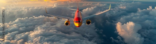 A red and yellow airplane is flying in the sky above the clouds photo