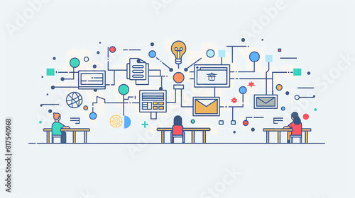 Two individuals engaged in digital communication with interconnected technology elements in a modern workspace
