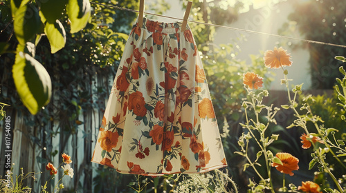 A chic midi skirt in a vibrant floral print, swaying gently in the breeze as it hangs on a clothesline in a sun-drenched garden, epitomizing effortless femininity and summertime elegance.