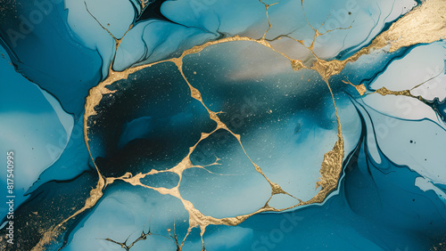 Blue gold alcohol ink background ai generative 