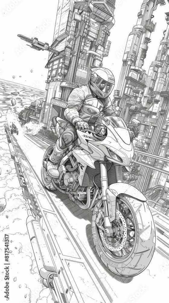 motorcycle raceing on a space station for a coloring book in black and white