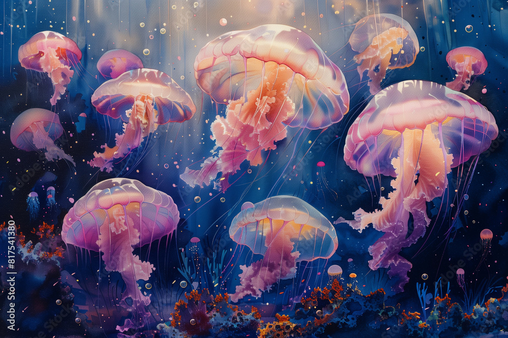 Watercolor painting of jellyfish in a blue ocean