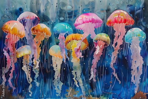 Watercolor painting of jellyfish in a blue ocean