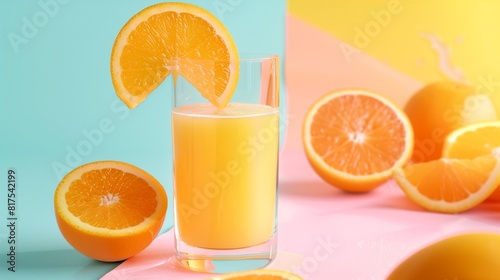 Fresh orange juice with the slice  presented against a soft pastel backdrop.