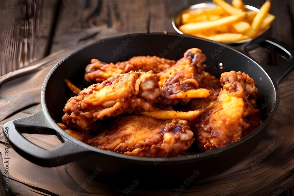 Fried chicken wings with french fries in frying pan on wooden background. Fried chicken wings with french fries in frying pan on wooden background.