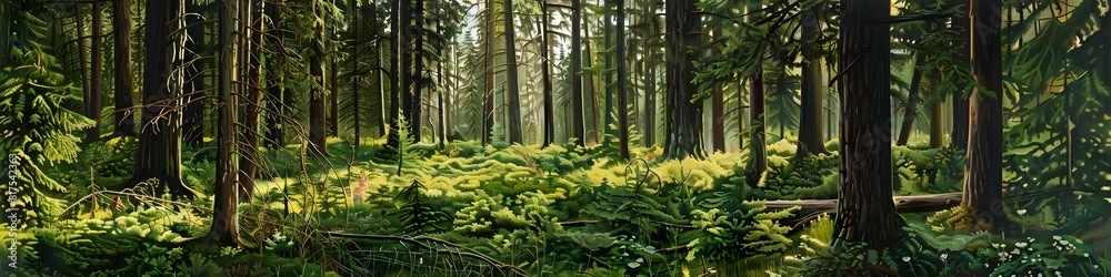 Healthy green trees in a forest of old spruce, fir and pine. landscape Healthy green trees in a forest of old spruce, fir and pine. landscape