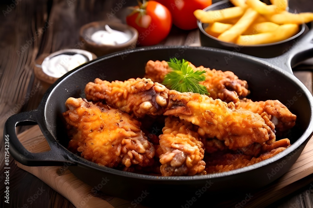 Fried chicken wings with french fries in frying pan on wooden background. Fried chicken wings with french fries in frying pan on wooden background.