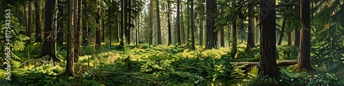 Healthy green trees in a forest of old spruce  fir and pine. landscape 