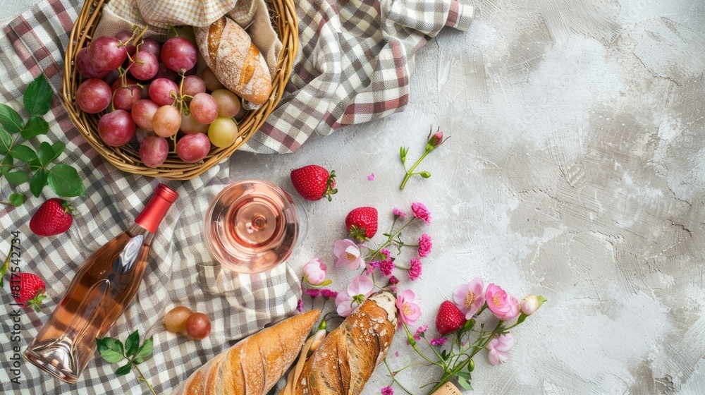 A picnic basket filled with natural foods like fruit and bread, placed on a checkered blanket for a relaxing outdoor meal AIG50